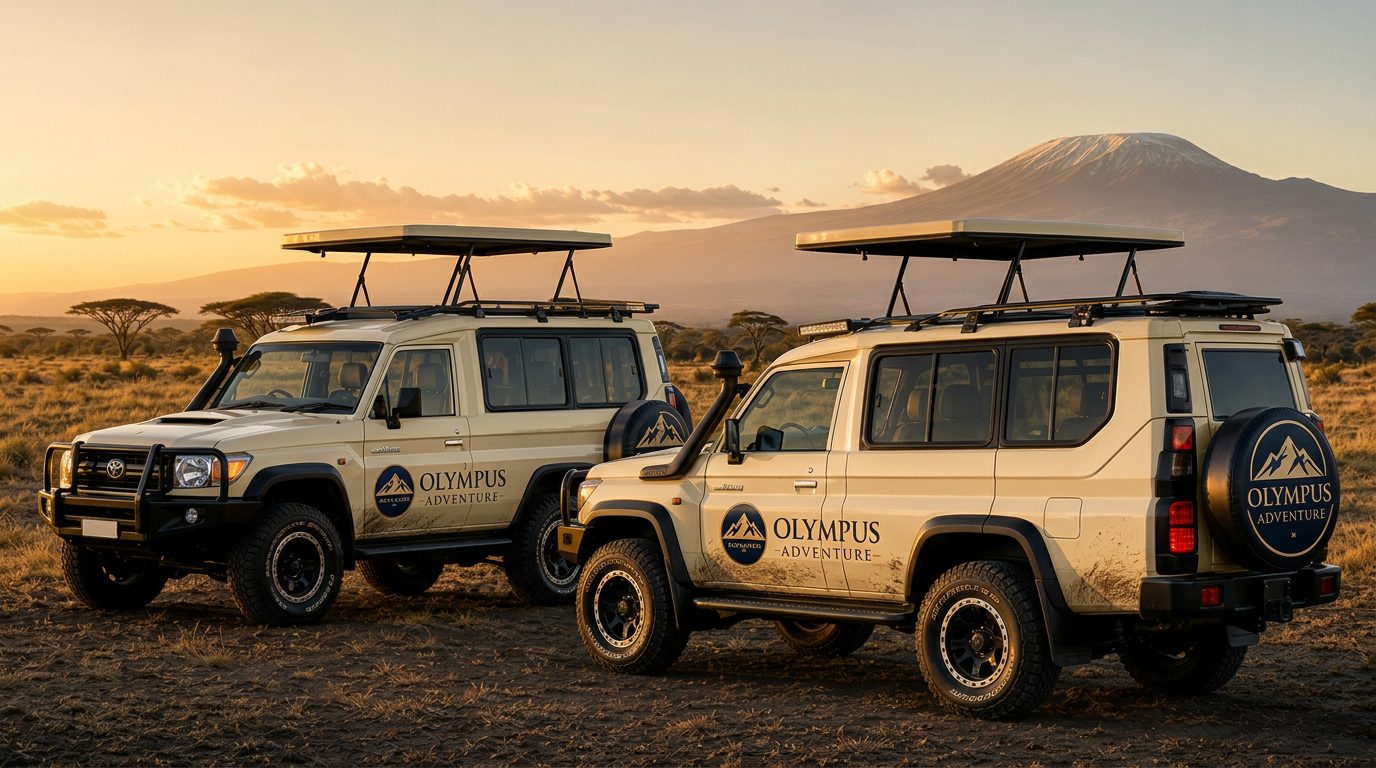 Luxury Tanzania safari experience with Olympus Adventure vehicles and Mount Kilimanjaro at golden hour